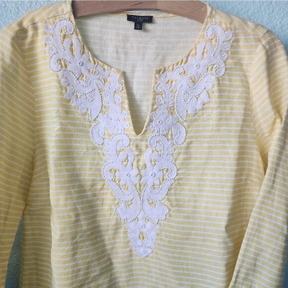 Talbots 100% linen Beach breeze stripe 2/4 sleeve blouse - Picture 6 of 13